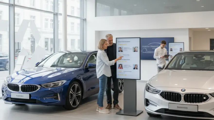 Es Paar staht inere Autohalle zwüschet eme blaue und eme silbrige Auto und luegt uf en grosse Bildschirm.