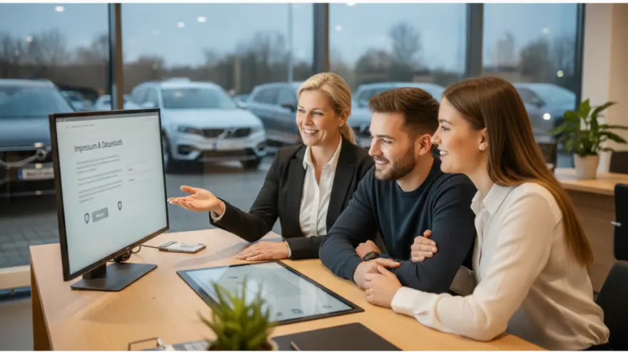 Eine Verkäuferin im Autohaus zeigt einem lächelnden Paar Informationen auf einem Computerbildschirm.