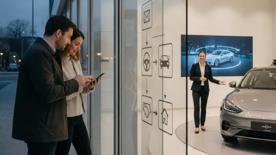 Ein Paar steht vor der Glasscheibe eines Autohauses und blickt auf ein Smartphone, während im Verkaufsraum eine Mitarbeiterin neben einem Auto steht.