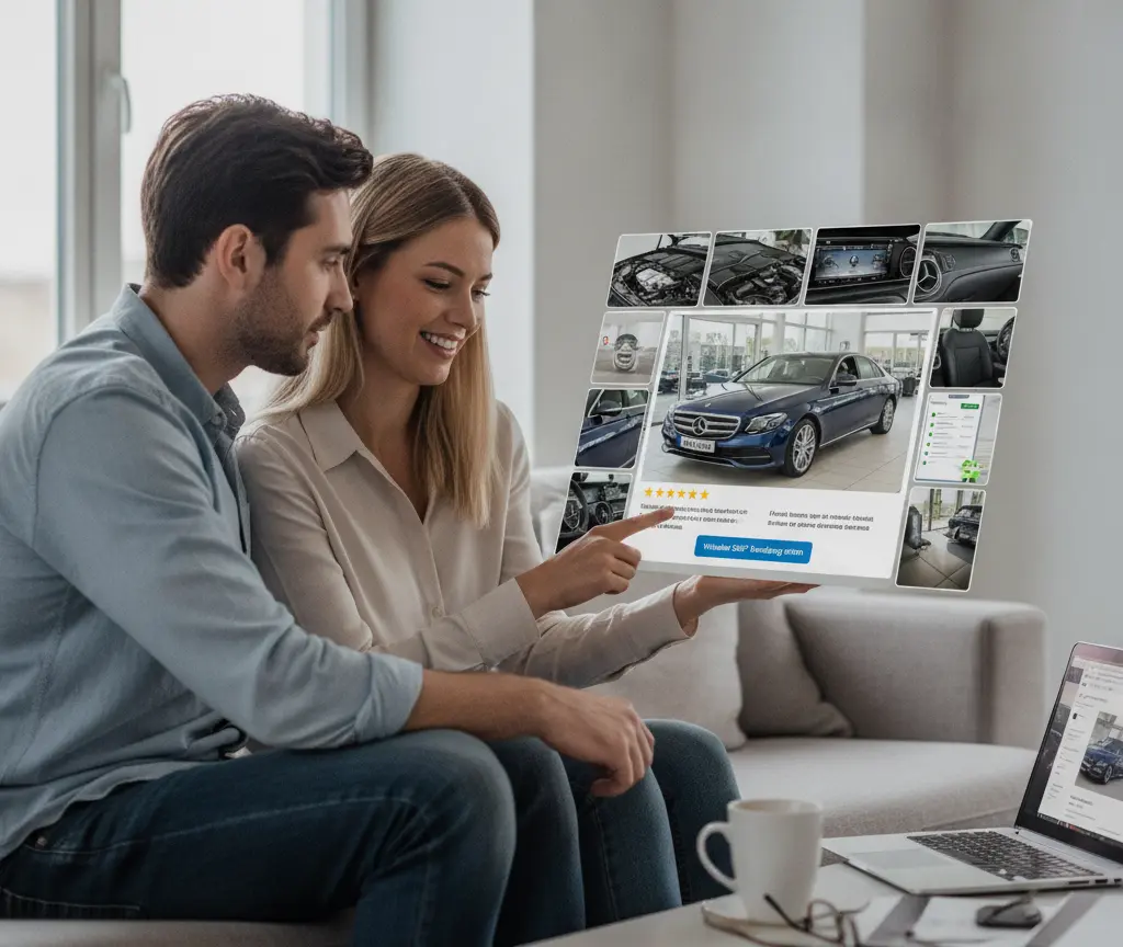 Ein Paar sitzt auf einem Sofa und betrachtet eine schwebende digitale Anzeige mit Fotos eines blauen Autos.