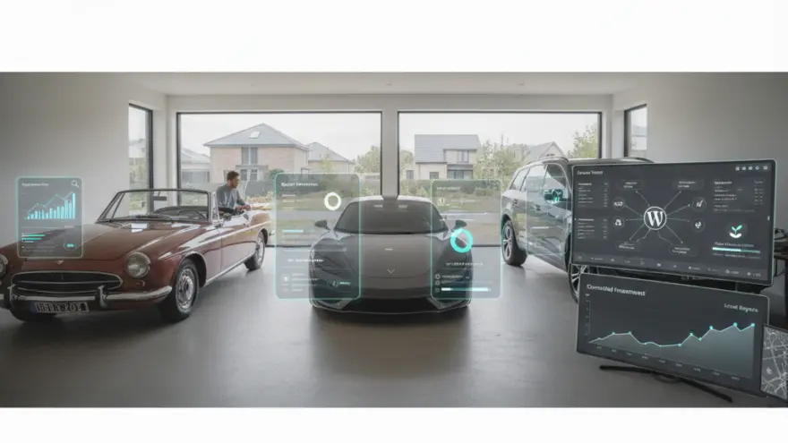 Drei Auto inere Garage mit digitale Bildschirm und Date-Grafike im Vordergrund.