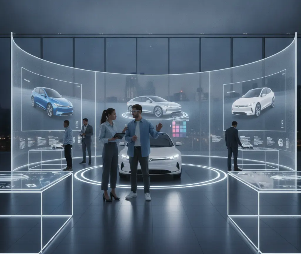 Lüt betrachte virtuelli Automodäll uf grosse, bogene Bildschirm inere moderne Usstelligshalle.