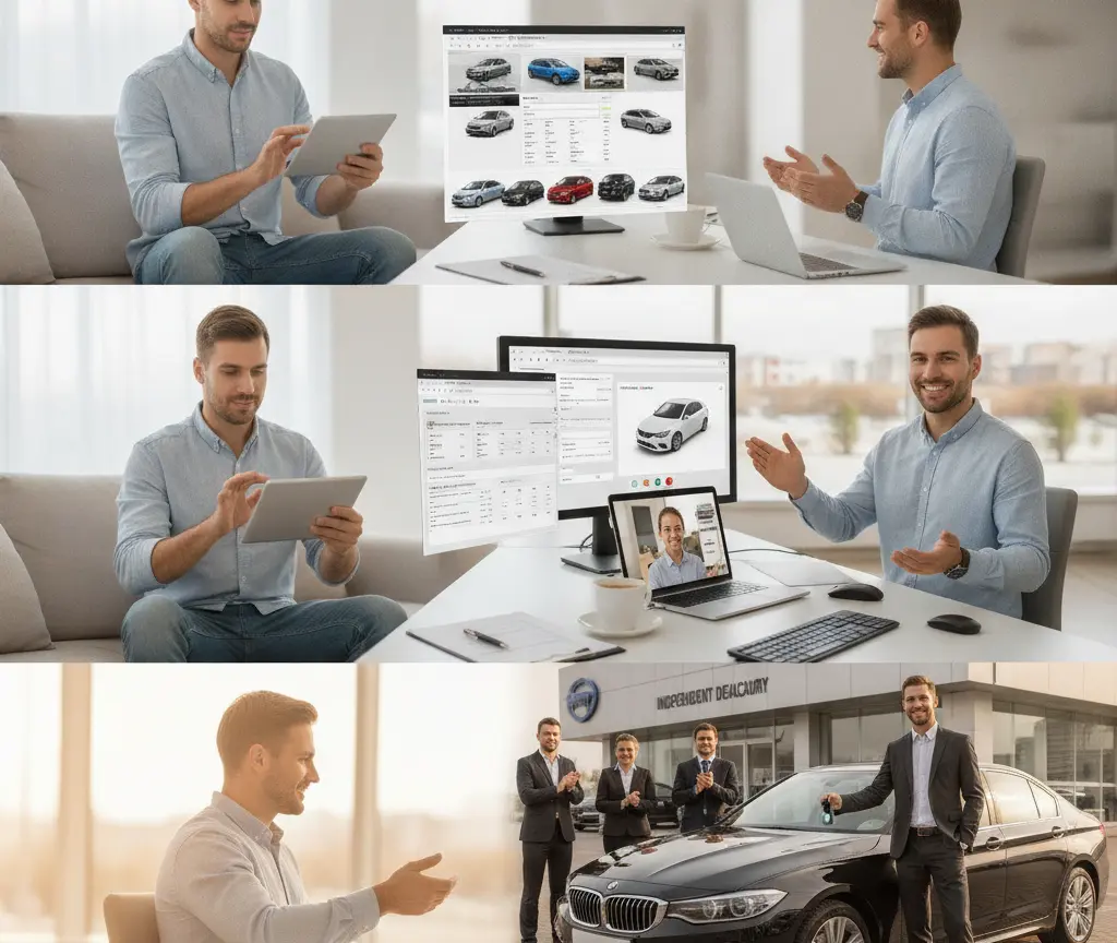 E Collage mit verschiedene Szene, wo en Ma am Tablet und Computer Auto-Websiite aaluegt und am Schluss vor eme Autohuus es schwarzes Auto überchoht.