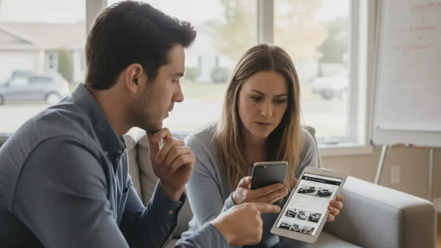 Es Paar sitzt uf em Sofa und luegt gmeinsam uf es Tablet und es Smartphone.