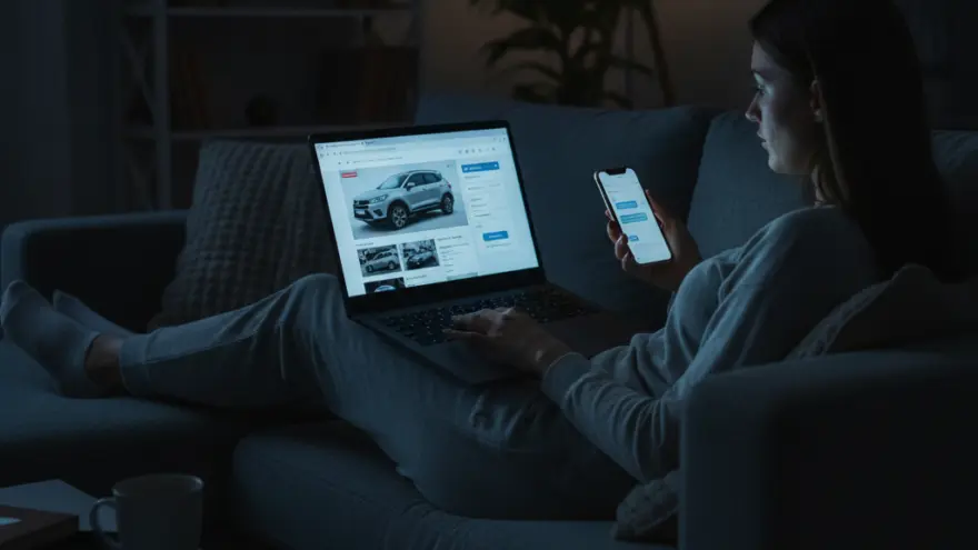 En Frau sitzt am Abig uf em Sofa und luegt uf eme Laptop Auto-Inserat aa, während sie ihres Smartphone in de Hand hebt.