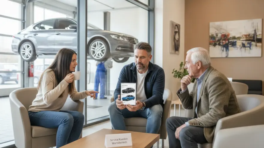 Drei Persone sitzed inere Longe vomene Autohuus und reded mitenand, während im Hintergrund es Auto uf de Hebebüni staht.