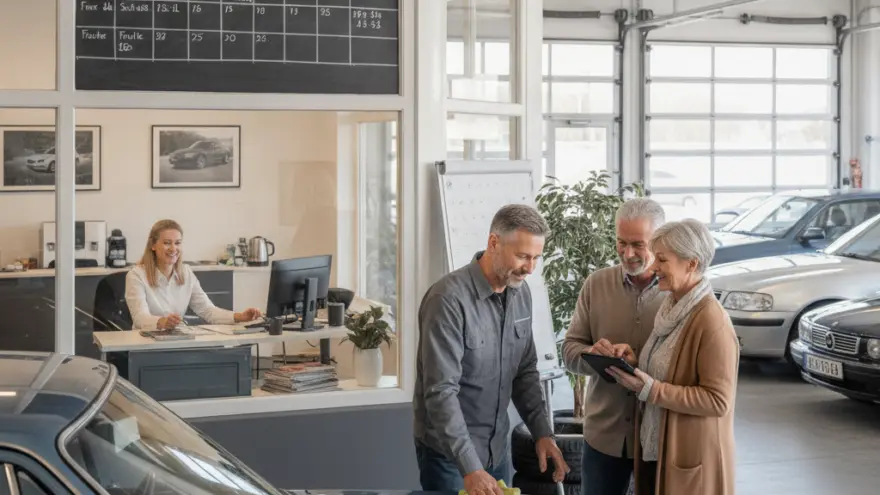 En Verkoifer poliert es blaues Auto, während es elters Paar mit emne Tablet danebe staht und e Frau im Büro im Hintergrund am Schriibtisch sitzt.