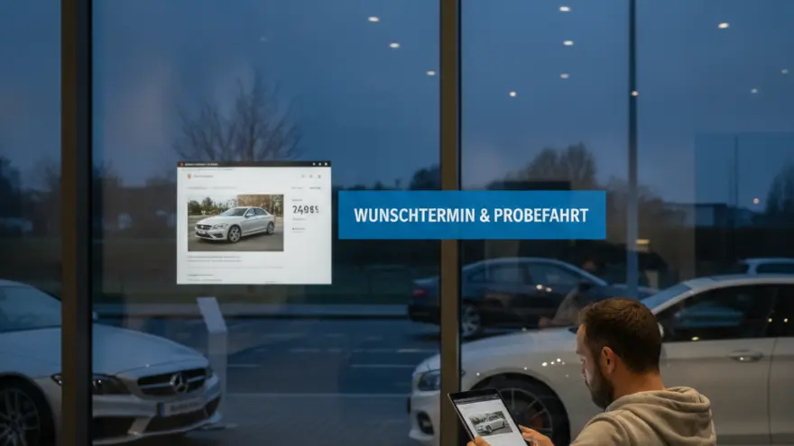 En Maa sitzt uf eme Sofa inere Autohalle und luegt uf es Tablet, während im Hintergrund Autos dur d Schiibe z gseh sind.