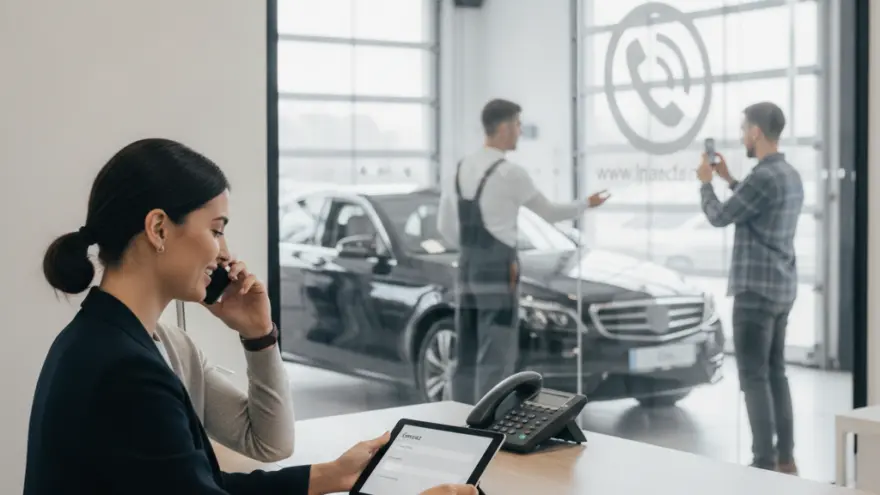 En Frau am Schriibtisch telefoniert und luegt uf es Tablet, während im Hintergrund dur e Glasschiibe zwei Männer bi eme Auto stönd.