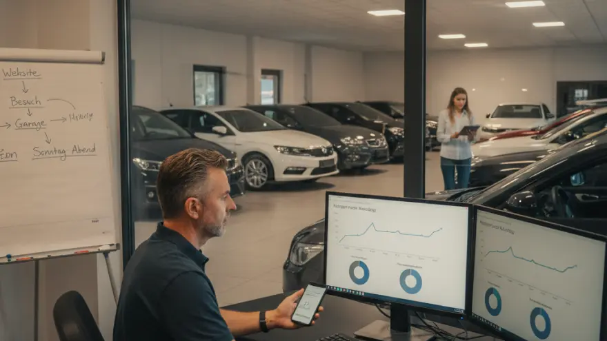 En Maa sitzt am Schriibtisch vor zwei Bildschirm mit Diagramm und luegt uf sis Smartphone, während im Hintergrund dur e Glasschiibe Autos inere Garage und e Frau mit eme Tablet z gseh sind.