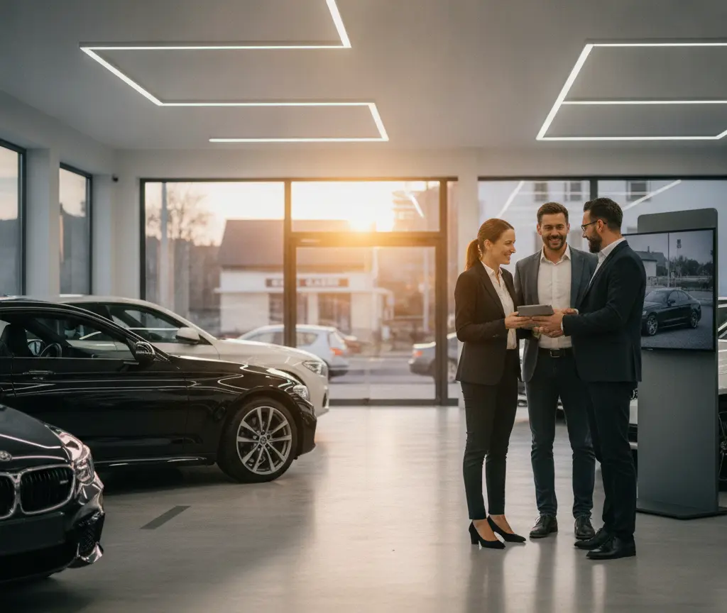 Zwei Männer und eini Frau im Business-Outfit stönd ineme helle Showroom mit Autos und lueged uf es Tablet.