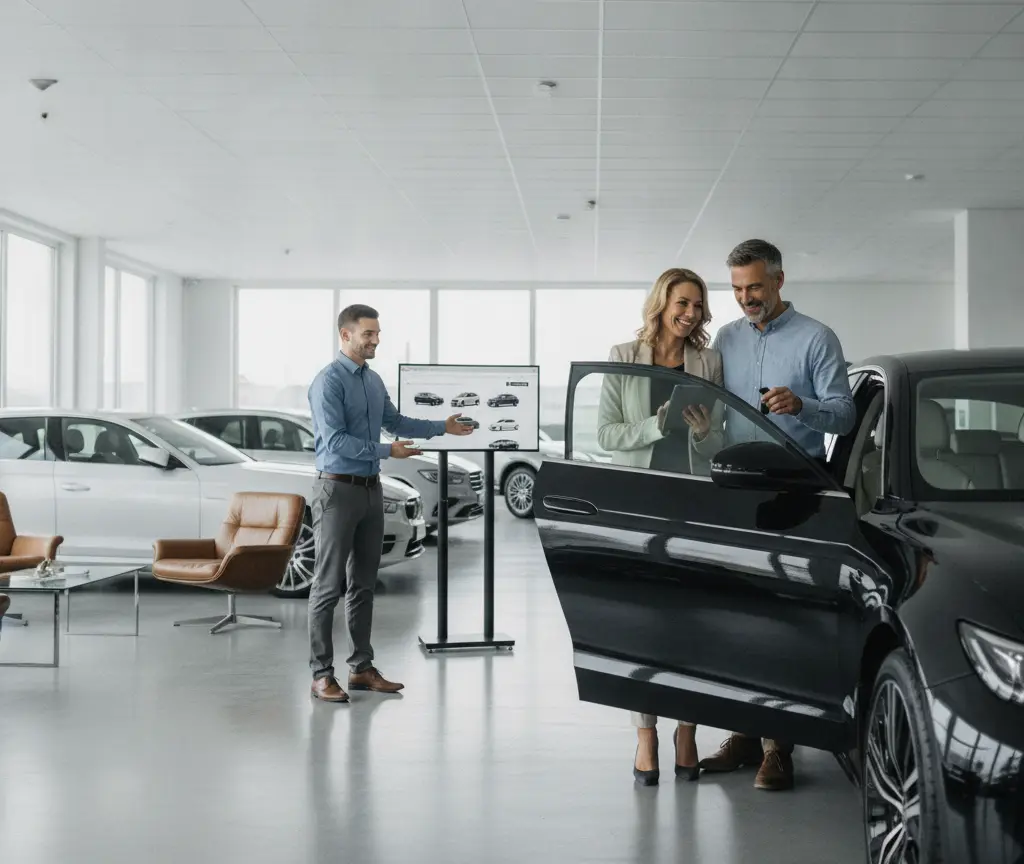 En Verchäufer zeigt eme Paar ineme helle Showroom es schwarzes Auto, während im Hindergrund anderi Fahrzüg stönd.
