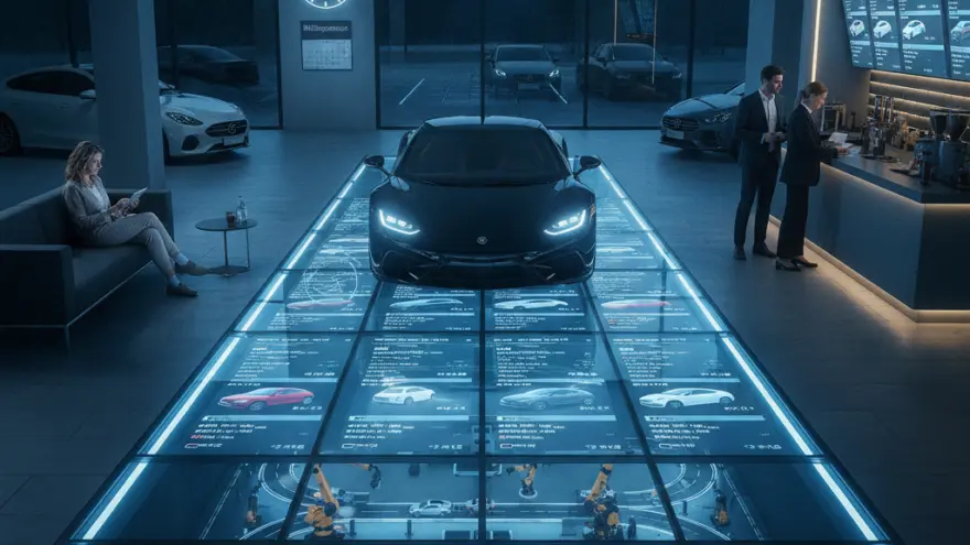 Es schwarzes Auto staht uf eme lüchtende Glasbode inere moderne Autohalle, während im Hindergrund Lüt zuelueged und dütlichi Bildschirm z gseh sind.