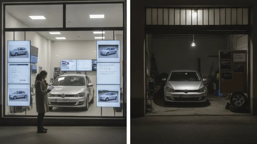 Es zweideiligs Bild zeigt links e Frau vor eme belüchtete Showroom mit eme silbrige Auto und rächts s gliche Auto inere dunkle Garage.
