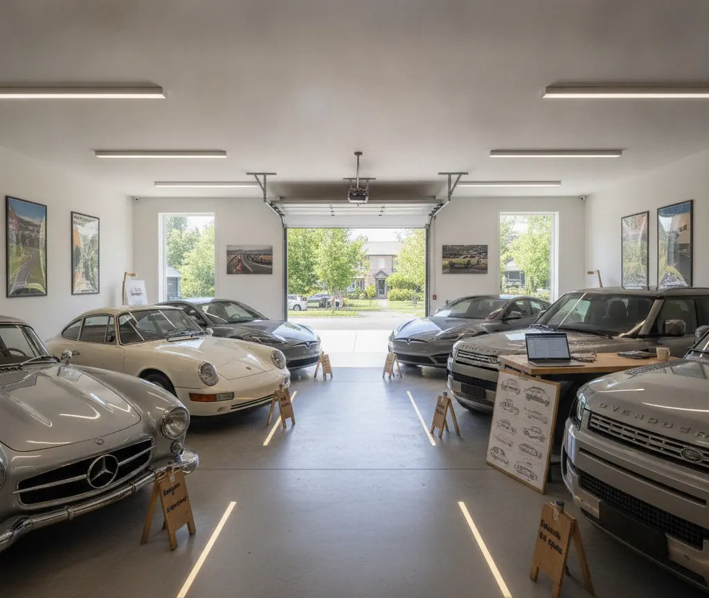 Mehreri Auto stönd inere helle Garage mit offener Garagetür im Hintergrund.