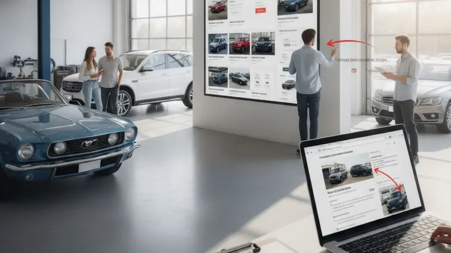 Es grosses Autohuus mit verschidene Auto, wo Lüt uf Bildschirm lueged und en Laptop im Vordergrund staht.
