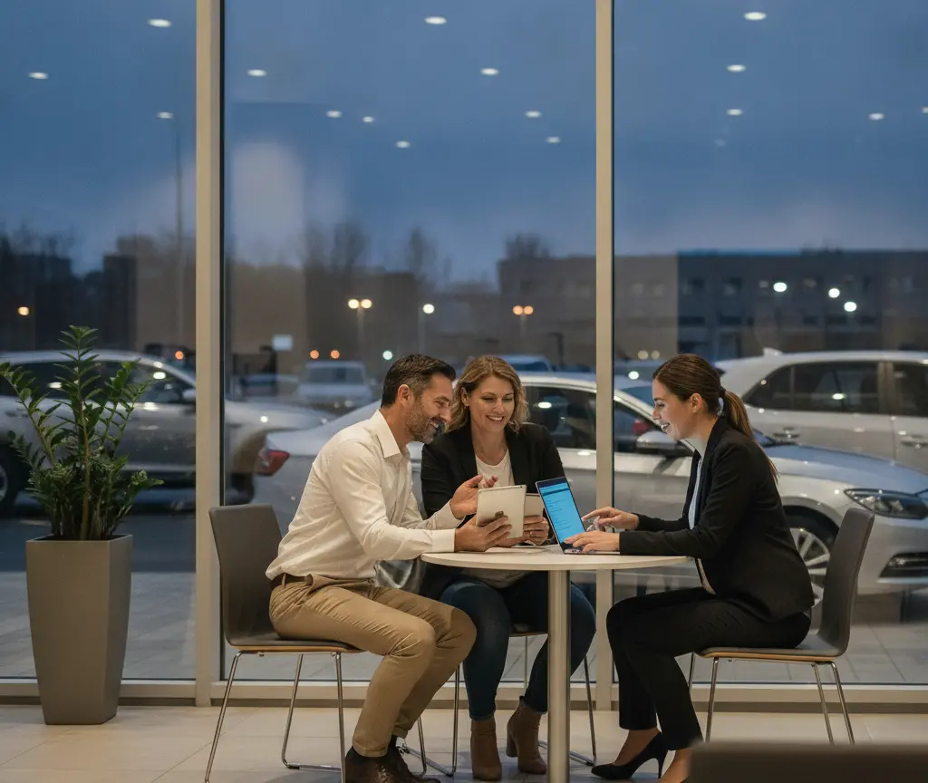 A man and a woman sit at a round table with a sales representative looking at a laptop and tablet inside a car dealership showroom at dusk.