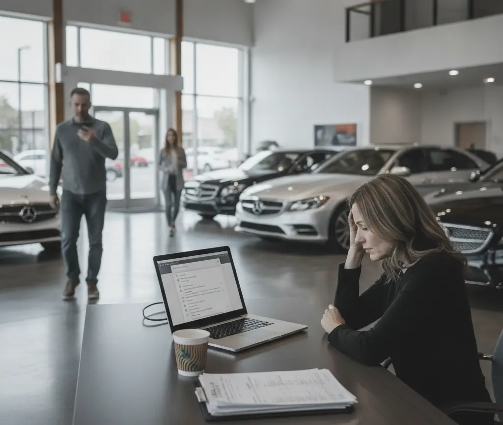 A woman sits at a desk with a laptop and paperwork inside a car dealership showroom while other people walk in the background.