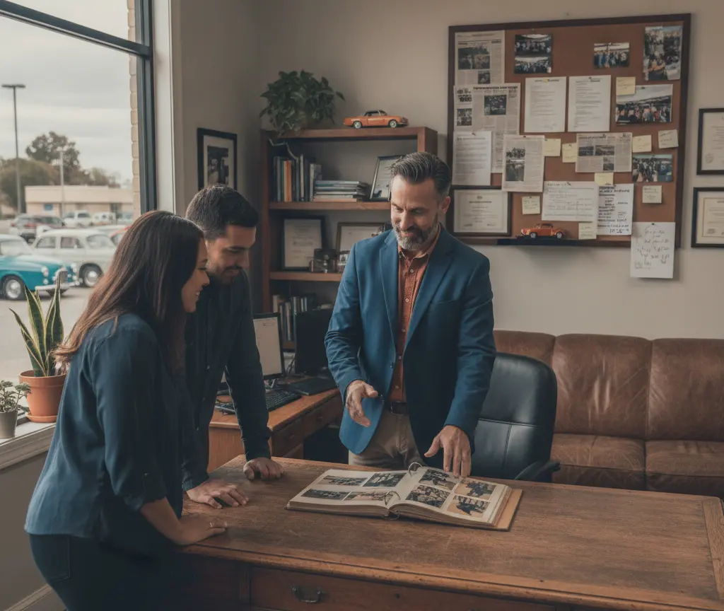 A man in a blue blazer shows a photo album to a young couple standing by a wooden desk in an office.