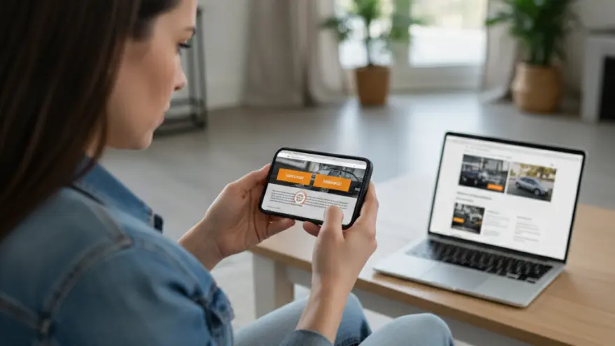 A woman sits on a couch holding a smartphone displaying a website with car listings, with an open laptop showing similar content on a coffee table in front of her.