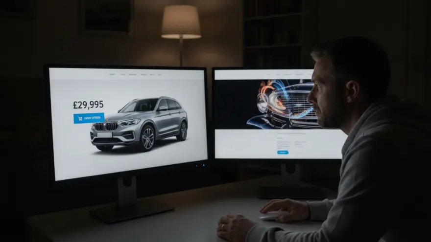 A man sits at a desk in a dimly lit room, looking at two computer monitors displaying car dealership websites.