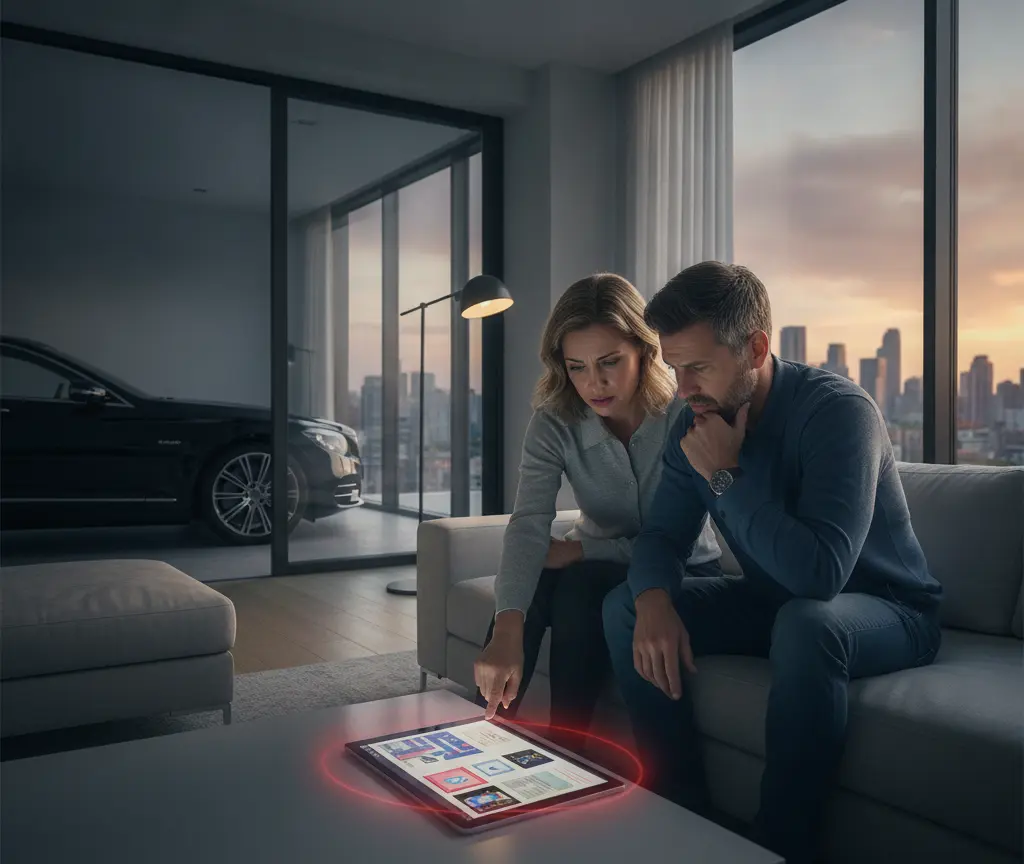 A man and a woman sit on a sofa looking at a tablet on a coffee table, with a black car visible through a glass wall behind them.