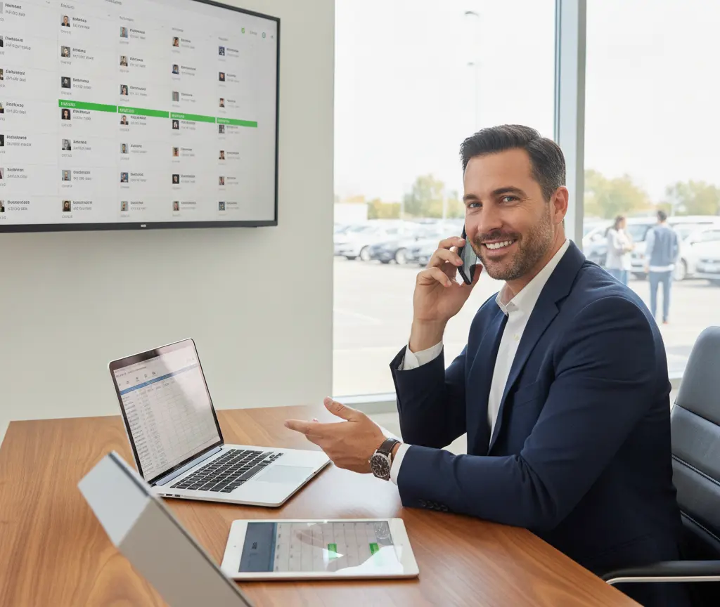 A smiling man in a blue suit sits at a wooden desk talking on a mobile phone next to an open laptop and a tablet.