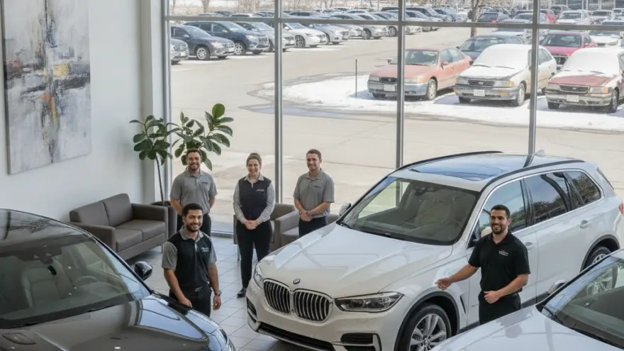 Cinq employés souriants posent dans la salle d'exposition d'une concession automobile à côté de trois SUV de luxe.