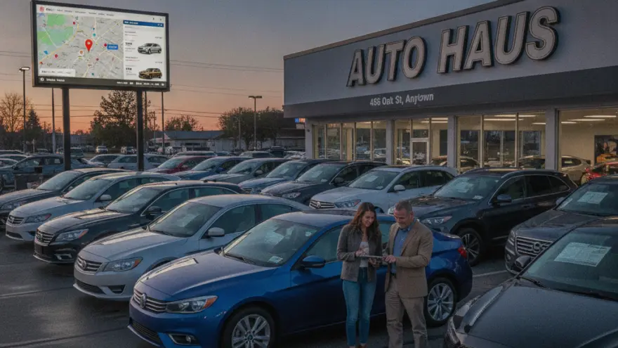 Un homme et une femme regardent une tablette devant une voiture bleue garée sur le parking d'une concession automobile au crépuscule.