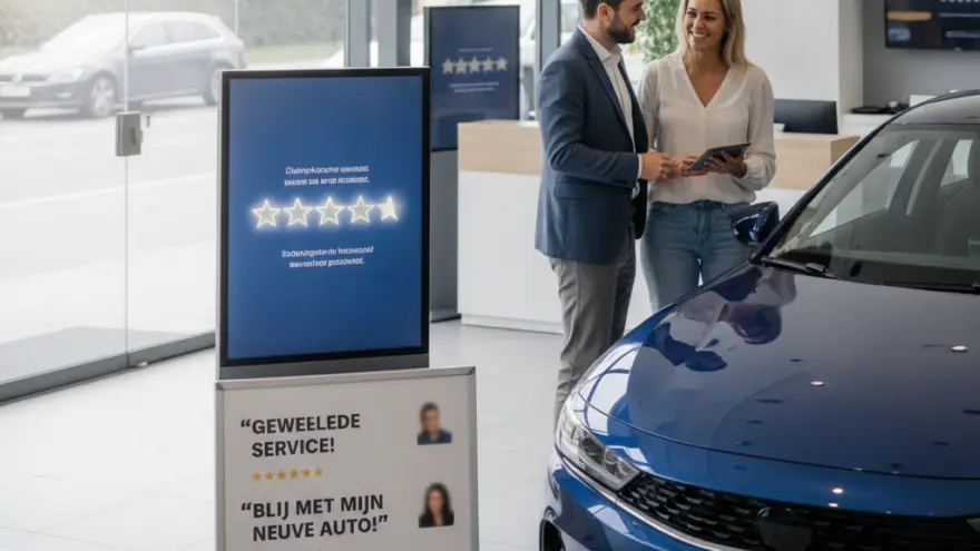 Een man en een vrouw praten met elkaar in een showroom naast een blauwe auto en een reclamebord met klantbeoordelingen.