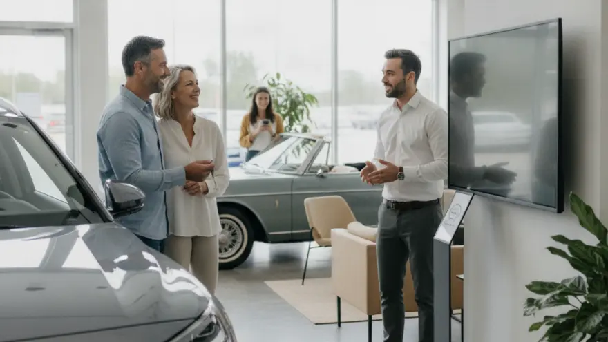 Een verkoper in een witte blouse praat met een glimlachend stel in een lichte showroom met auto's.