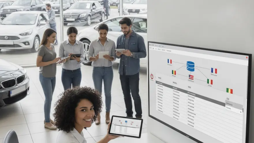 Une conseillère assise à son bureau montre une tablette tandis que quatre clients debout derrière elle consultent des écrans tactiles dans un hall d'exposition automobile.