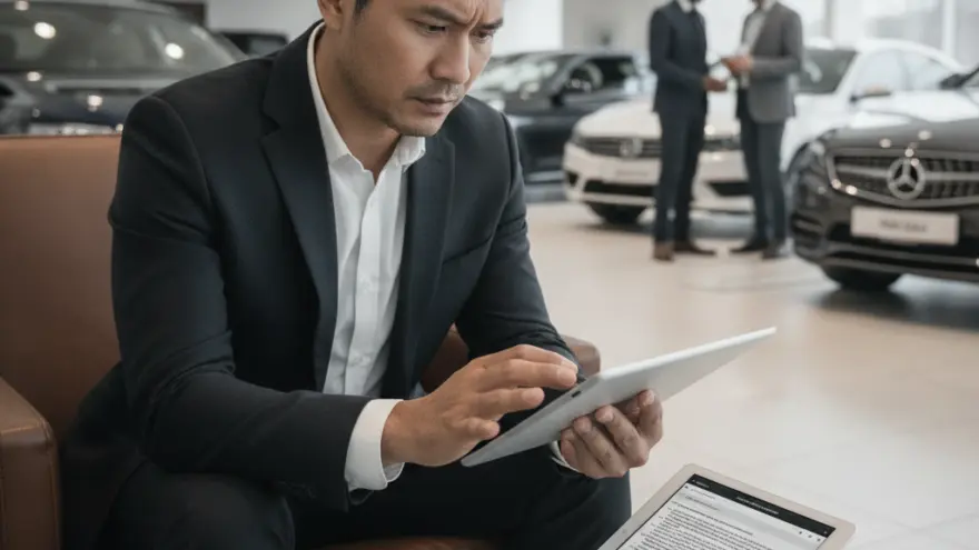 Un homme en costume assis dans une concession automobile utilise une tablette numérique avec d'autres tablettes posées sur une table basse devant lui.