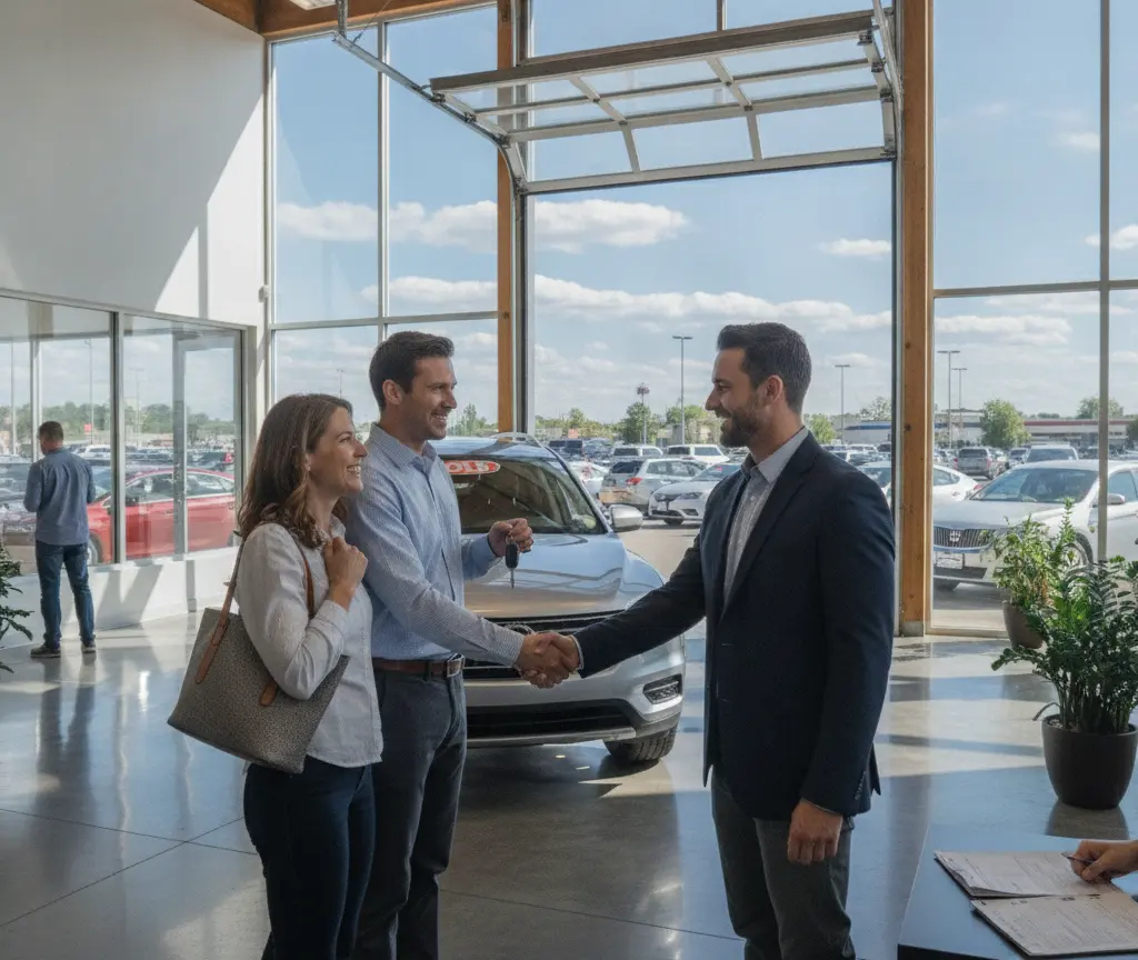 Un homme en costume serre la main d'un client tenant des clés de voiture aux côtés d'une femme dans un hall d'exposition automobile lumineux.