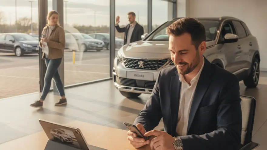 Un conseiller assis à son bureau dans une concession automobile regarde son smartphone, avec des voitures et d'autres personnes en arrière-plan.