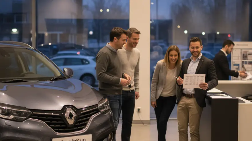 Un conseiller commercial montre un document à un couple souriant à côté d'une voiture grise dans une concession automobile.
