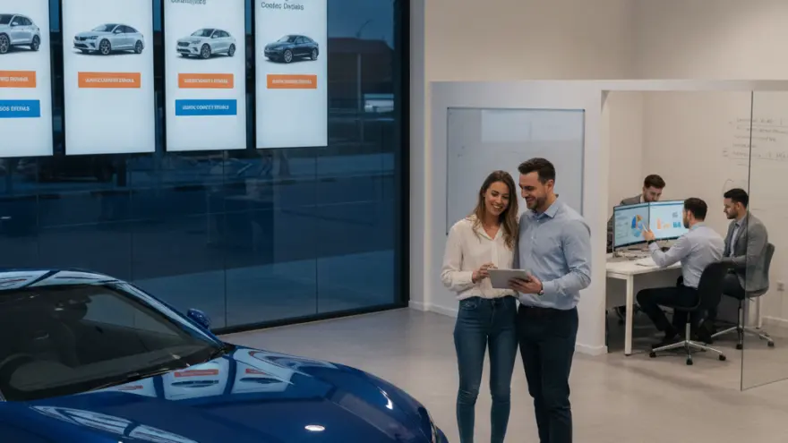 Un couple regarde une tablette dans une concession automobile moderne près d'une voiture de sport bleue.