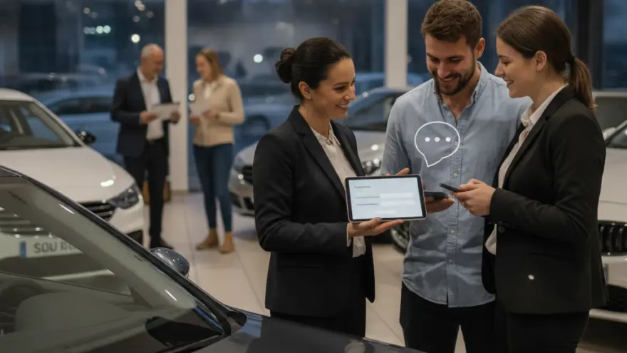 Une conseillère en costume montre une tablette à un couple souriant dans une concession automobile.