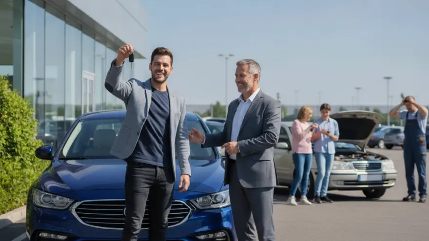 Un jeune homme souriant montre une clé de voiture à côté d'un vendeur devant une voiture bleue, avec d'autres personnes et un mécanicien en arrière-plan.