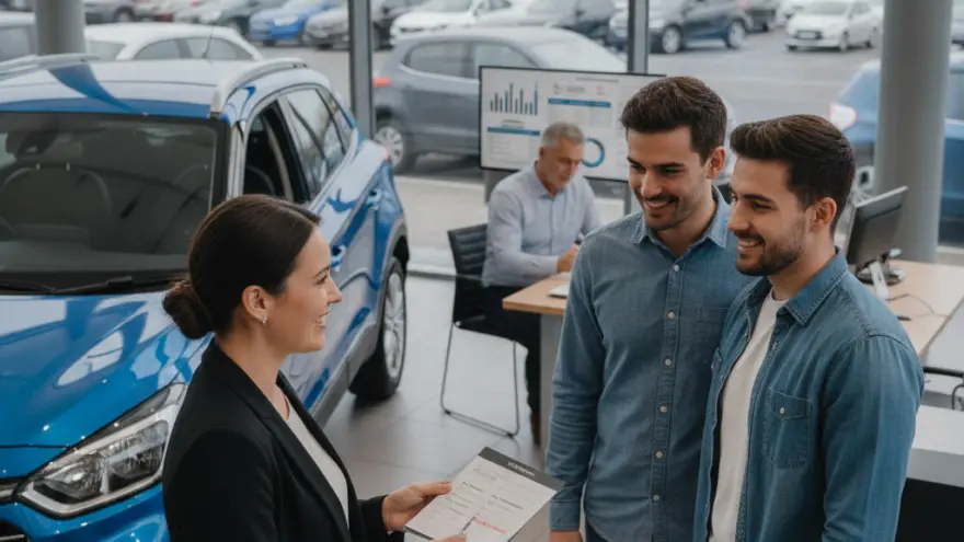 Une conseillère en veste noire présente un document à deux hommes souriants dans une concession automobile, à côté d'une voiture bleue.