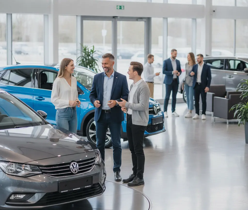 Un vendeur de voitures en costume discute avec un jeune couple souriant dans la salle d'exposition d'une concession automobile.
