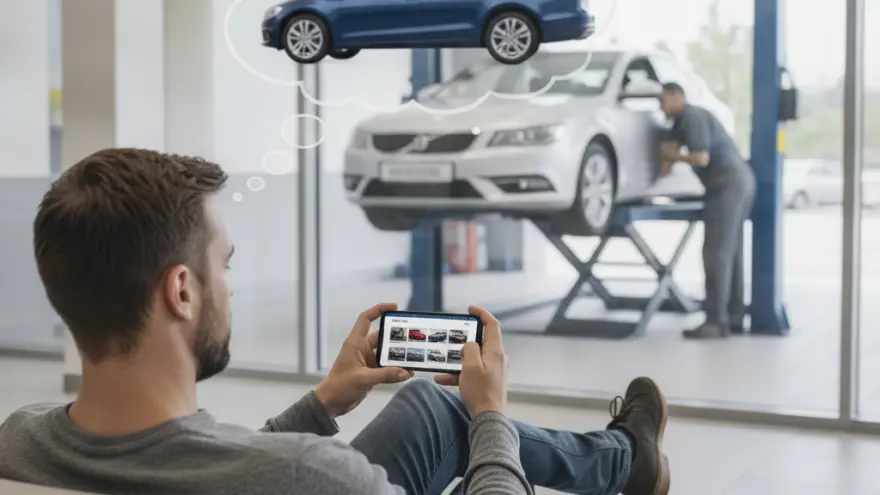 Un uomo seduto su una poltrona guarda lo smartphone mentre un meccanico lavora su un'auto sollevata sullo sfondo.