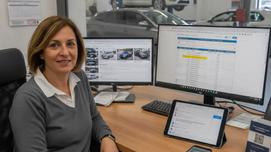 Una donna sorridente seduta alla scrivania di un ufficio con computer e tablet, con un'officina meccanica visibile sullo sfondo oltre una vetrata.