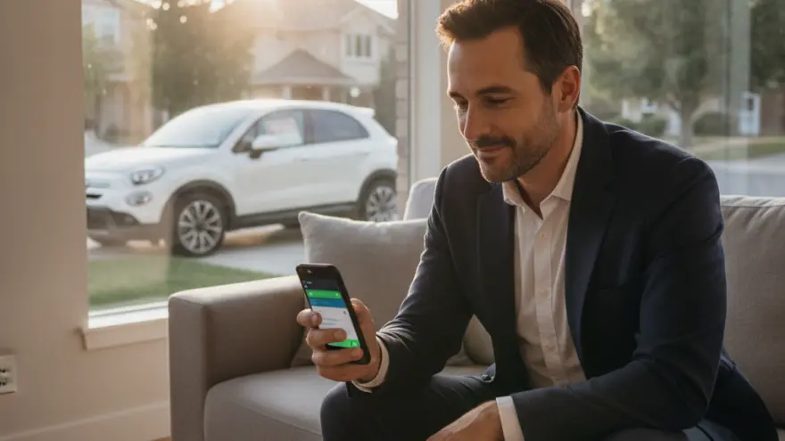Un uomo in abito scuro siede su un divano grigio mentre guarda il suo smartphone, con un'auto bianca visibile fuori dalla finestra sullo sfondo.