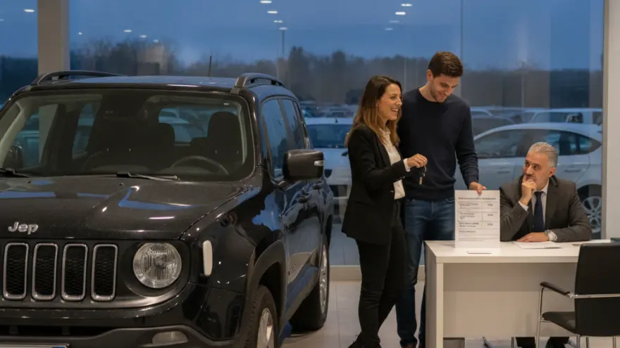 Una coppia sorridente riceve le chiavi di un'auto nera da un venditore seduto alla scrivania all'interno di una concessionaria.