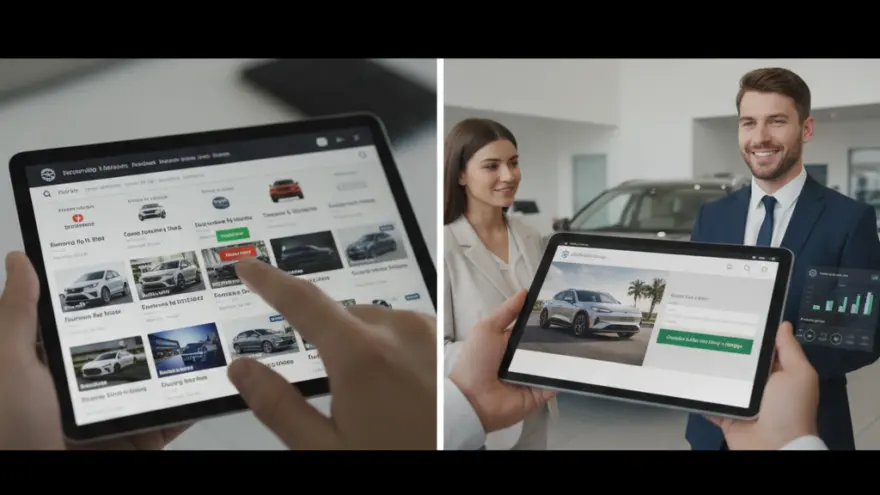 Un collage di due immagini che mostra l'uso di un tablet per visualizzare e configurare automobili all'interno di una concessionaria.