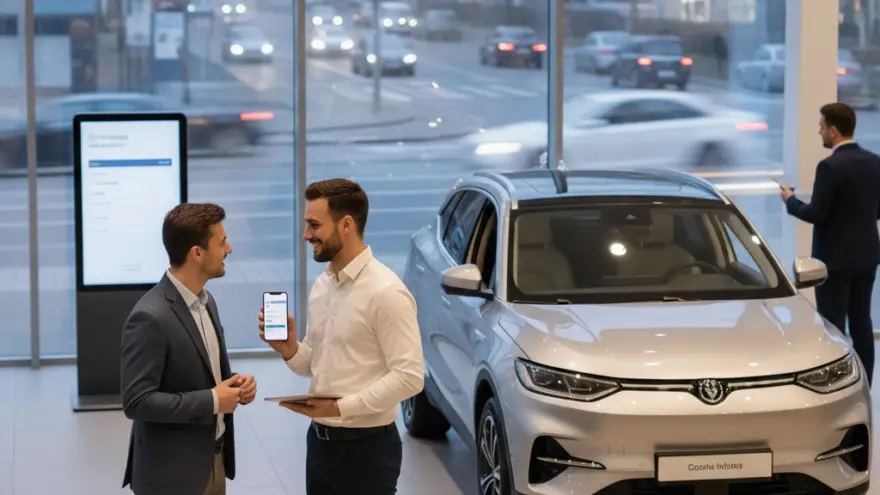 Due uomini in abbigliamento formale parlano accanto a un'auto grigia all'interno di un salone espositivo con grandi vetrate sullo sfondo.