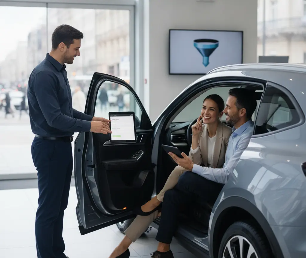Un venditore mostra un tablet a una coppia seduta all'interno di un'auto grigia in un salone automobilistico.