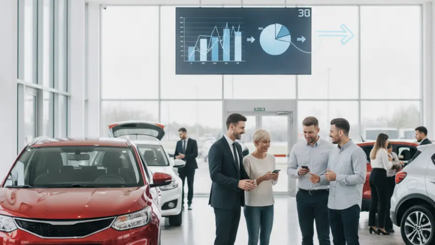 Un gruppo di persone parla e guarda gli smartphone all'interno di un luminoso salone automobilistico con auto esposte.