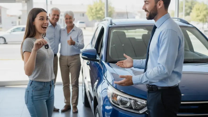 Una giovane donna sorridente mostra le chiavi di un'auto blu accanto a un venditore e a una coppia di anziani in una concessionaria.